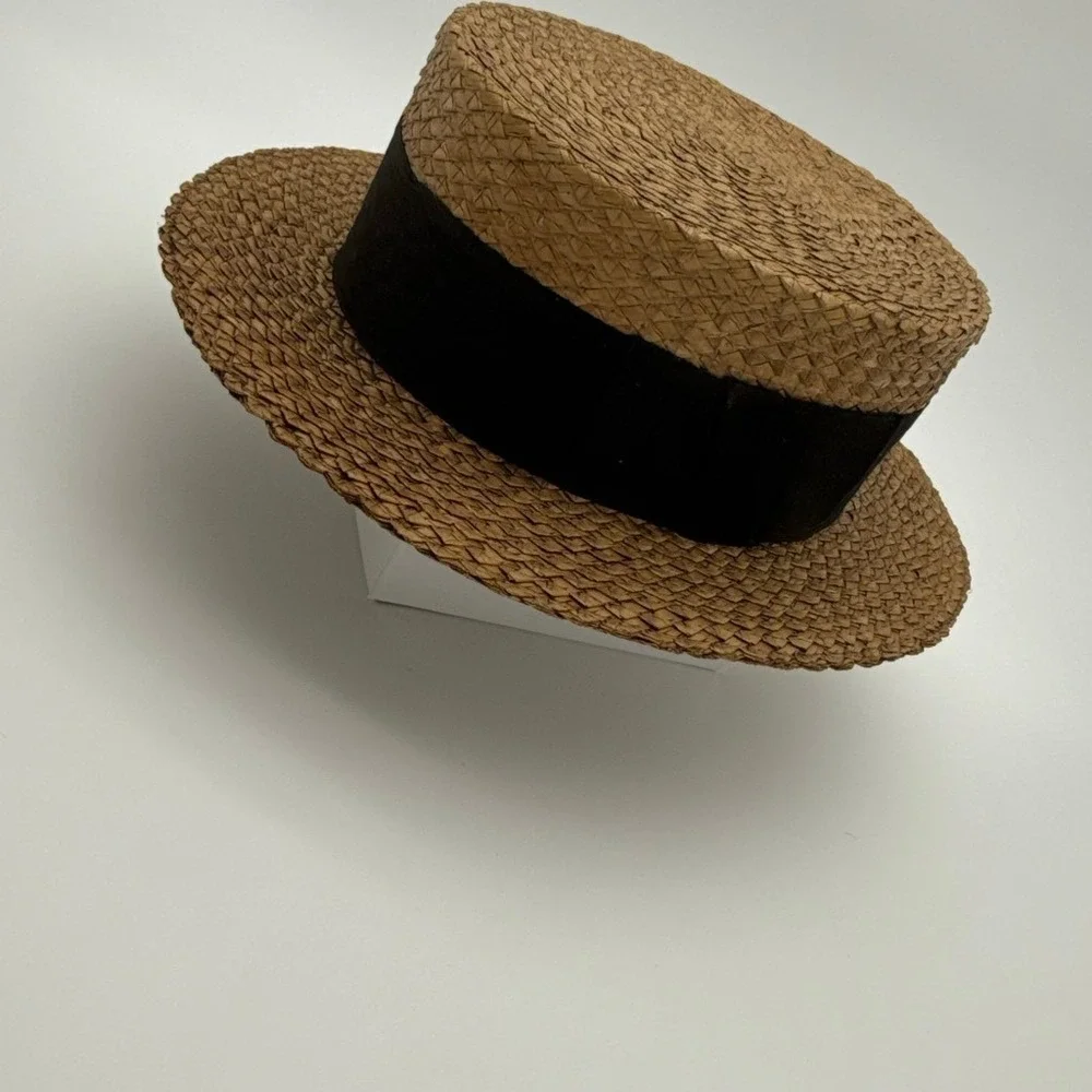 Vintage Boulevard New York Straw Boater‎ Hat Men Brown Black Ribbon Skimmer Hat